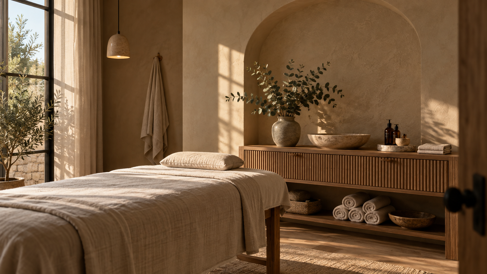 Sunlit spa room with a massage bed, wooden vanity, and folded towels