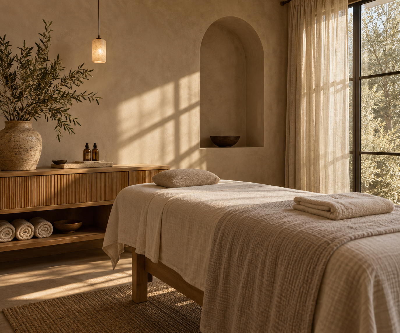 Sunlit massage room with linen-covered table, folded towels, and an oak cabinet